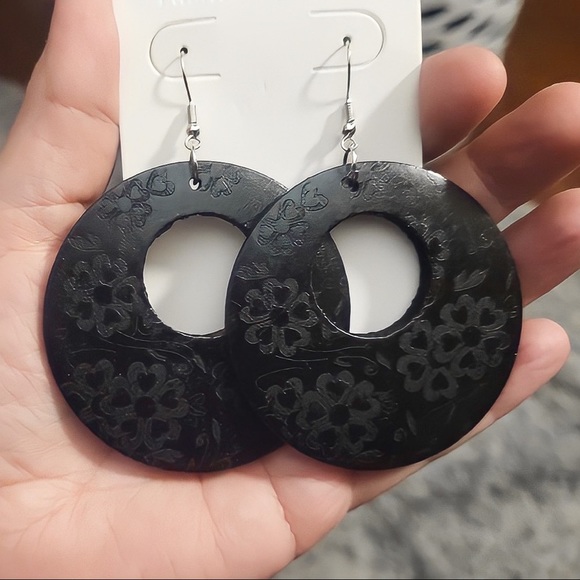 Any 2/$20! Large Black Engraved Balsa Wood Circular Boho Drop Earrings - Picture 4 of 7